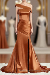 Sheath/Column Off-the-Shoulder Sweep Train Silk like Satin Bridesmaid Dresses with Leg Slit